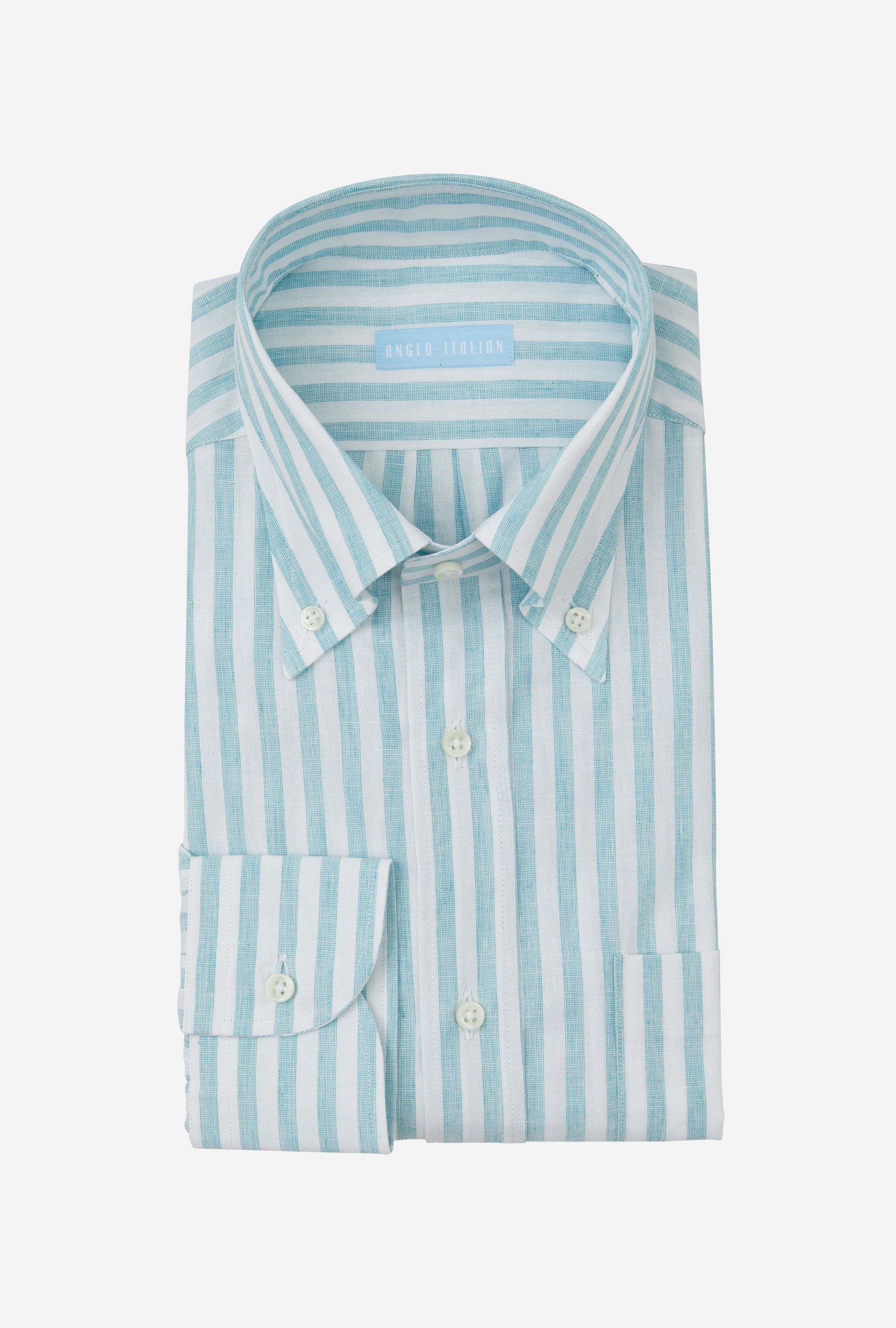 Button Down Sport Shirt Cotton-Linen Aqua Stripe