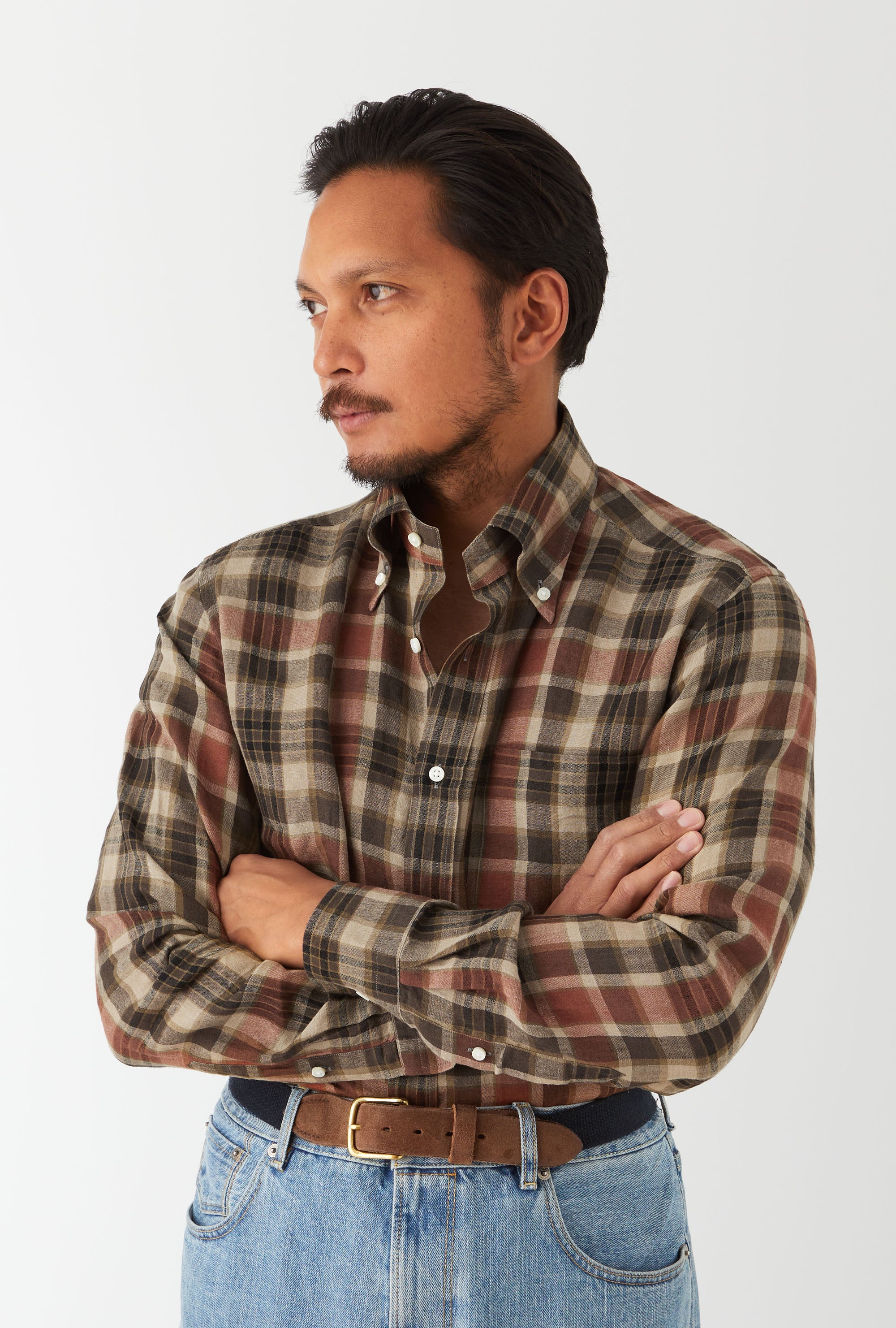 Button Down Linen Madras Shirt Rust Olive Sand Check