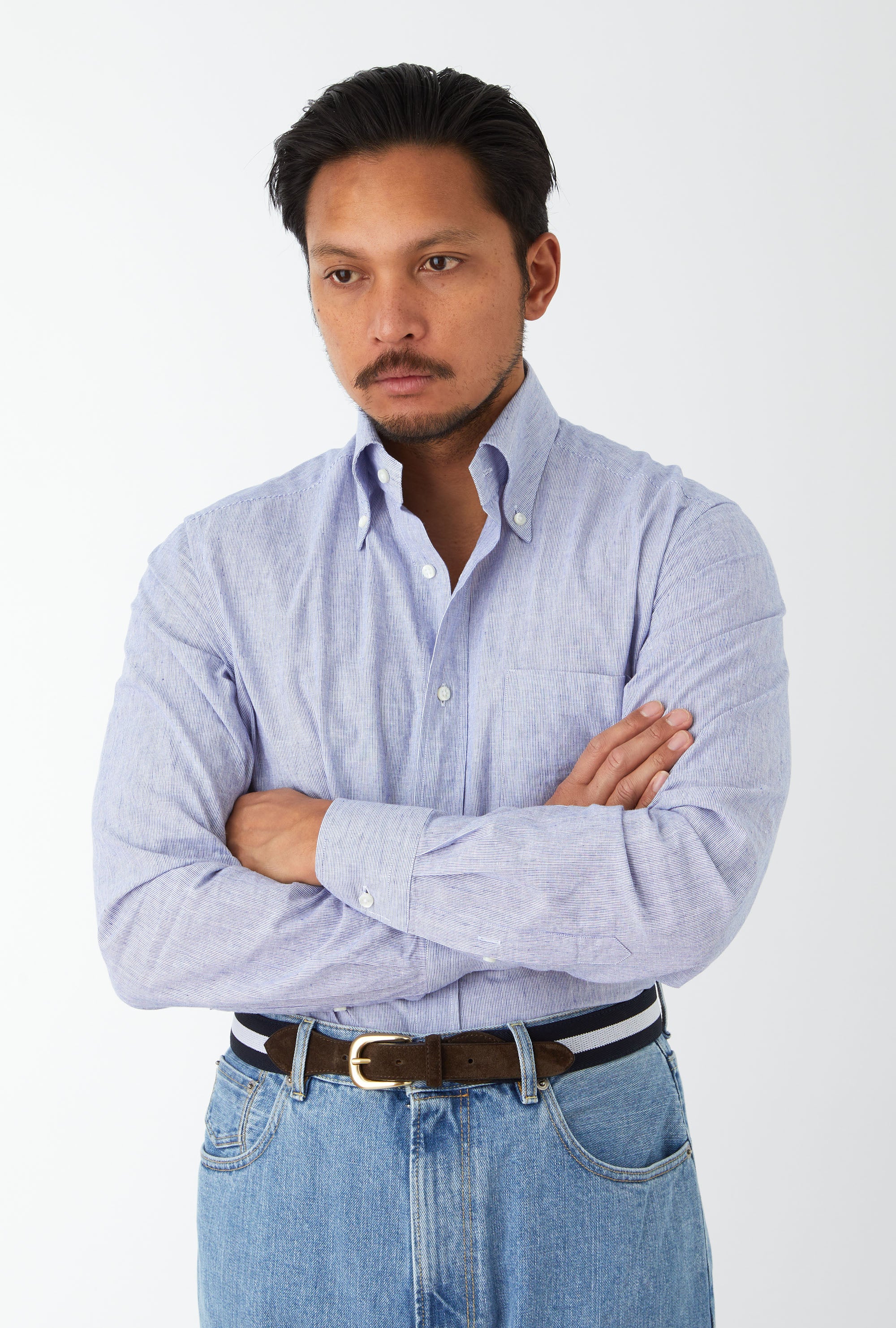 Button Down Sport Shirt Cotton-Linen Blue Hairstripe