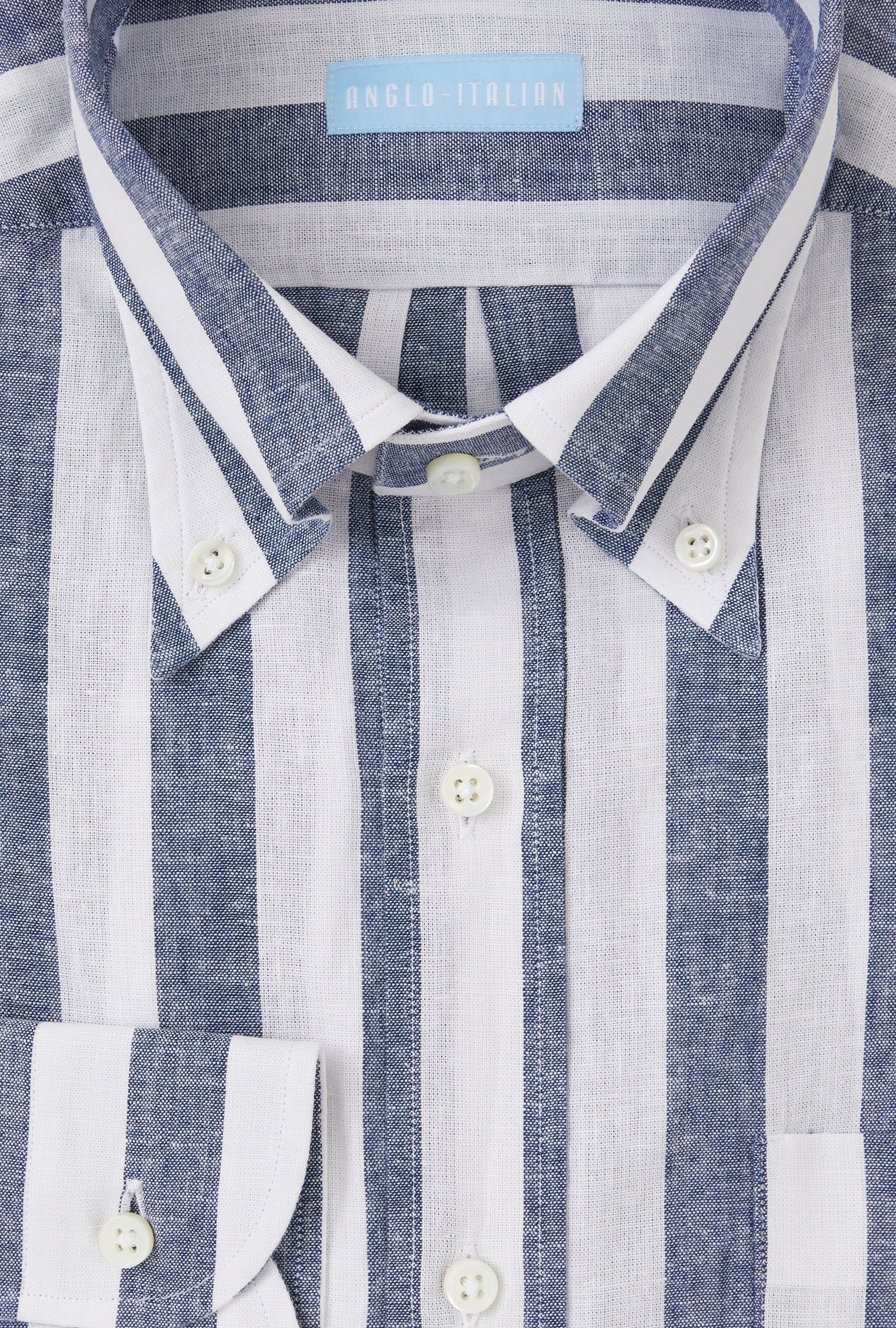 Button Down Sport Shirt Cotton-Linen Blue Wide Stripe