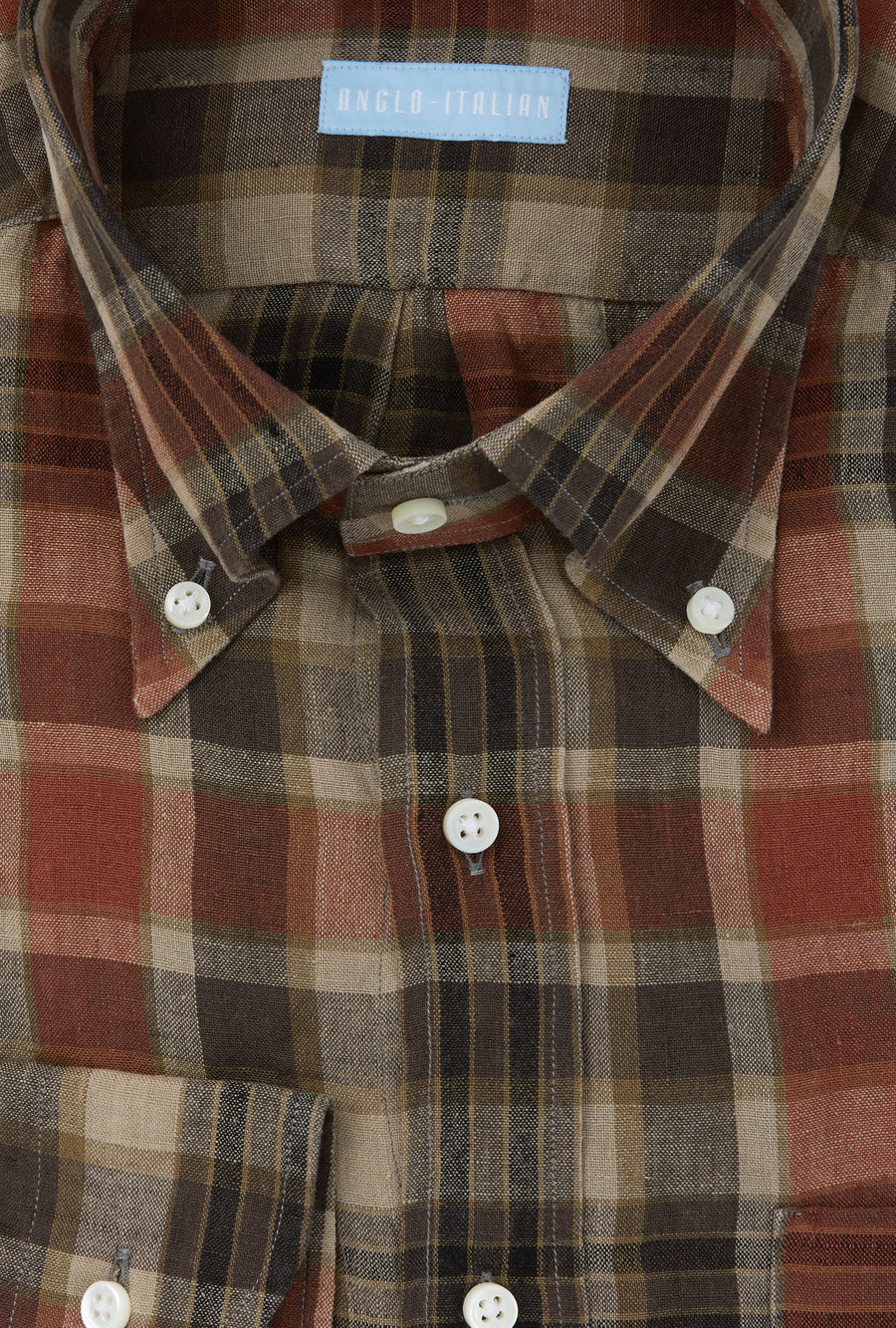 Button Down Linen Madras Shirt Rust Olive Sand Check