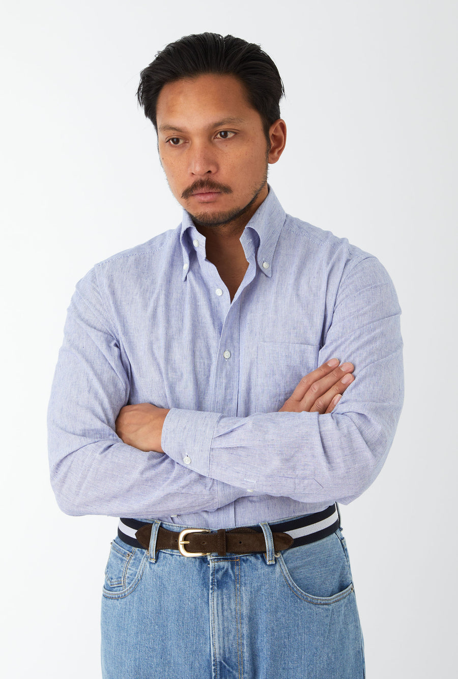 Button Down Sport Shirt Cotton-Linen Blue Hairstripe