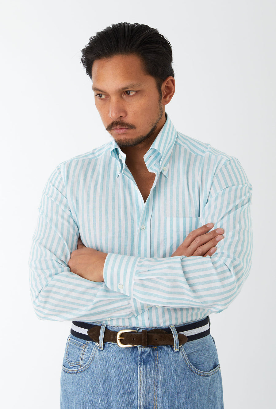 Button Down Sport Shirt Cotton-Linen Aqua Stripe