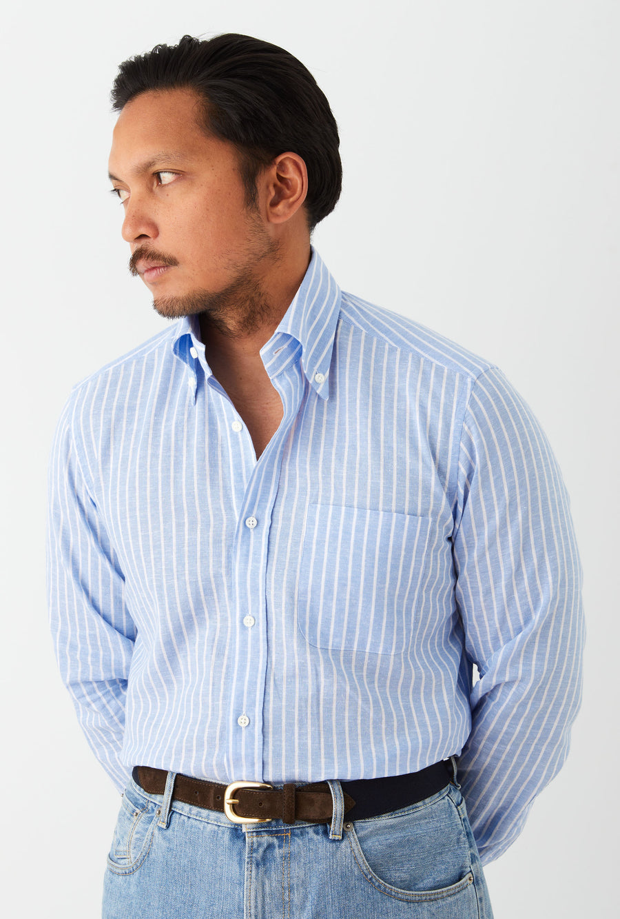 Button Down Sport Shirt Cotton-Linen Blue Reverse Stripe