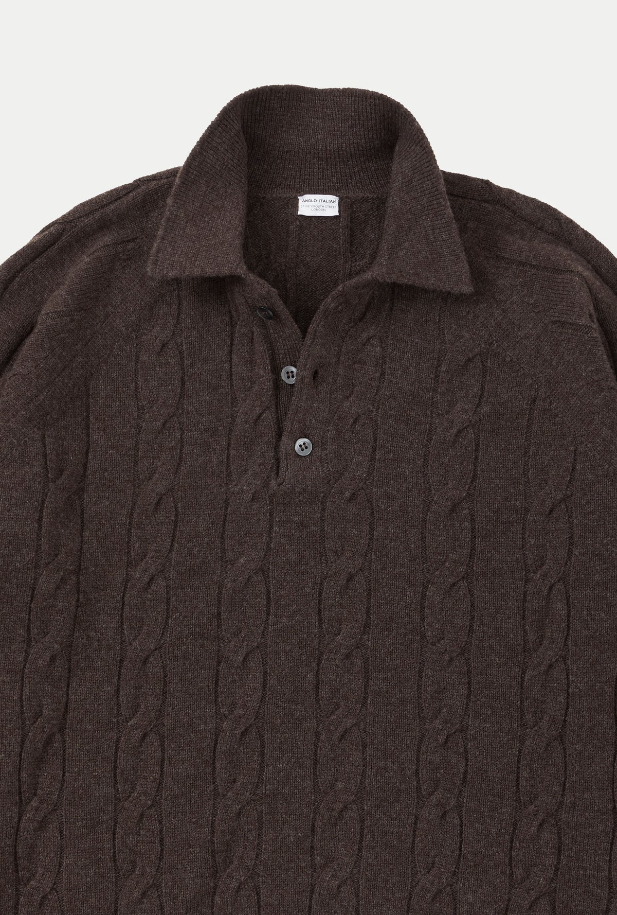 Raglan Polo Cableknit Wool-Cashmere Brown Melange