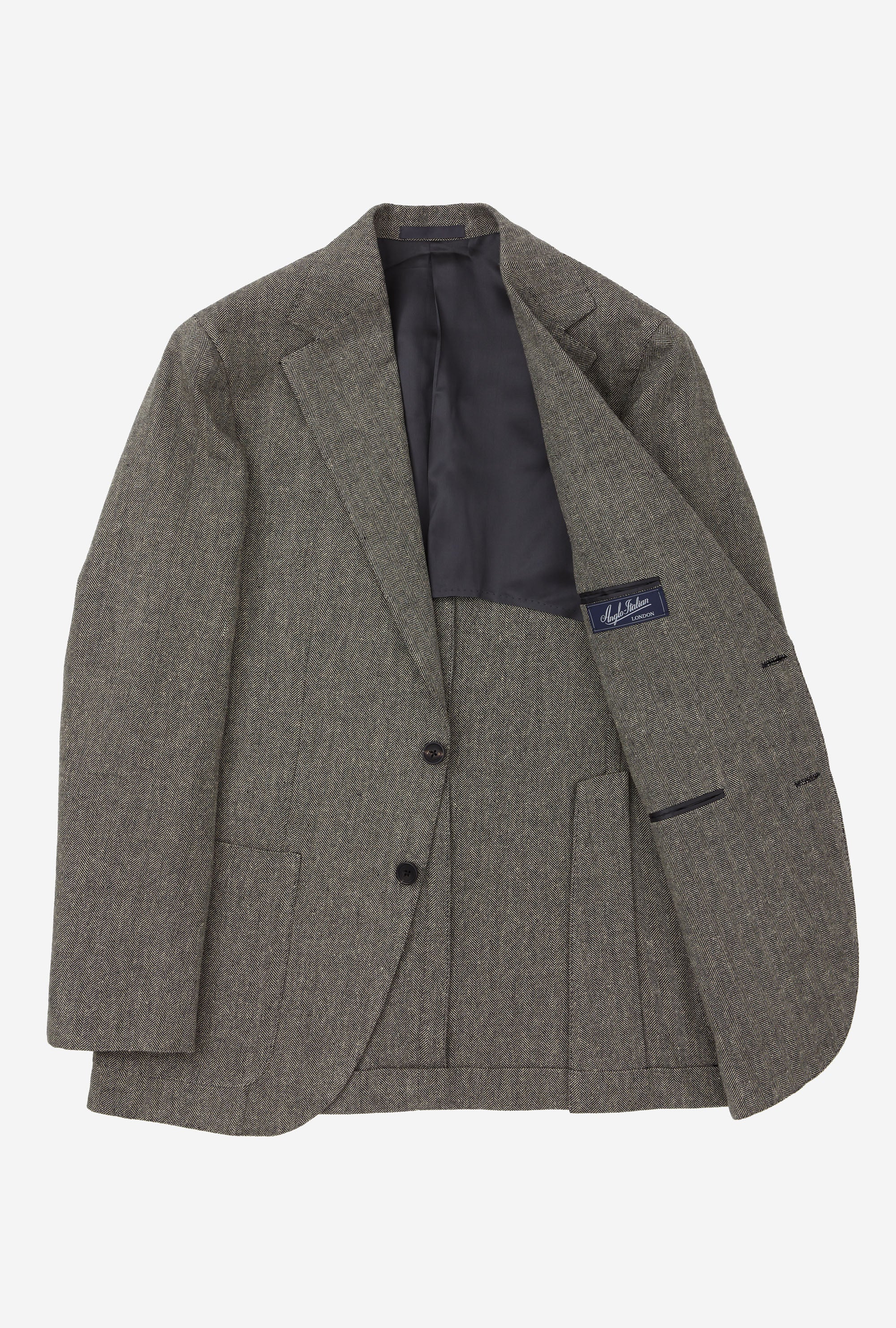 Sport Jacket Linen Cotton Silk Ecru Black Herringbone